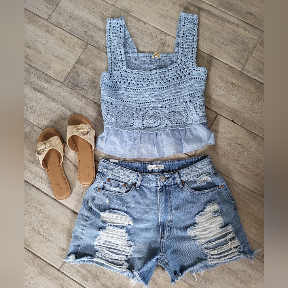Coastal Boho Crocheted Smocked Blue Cropped Top Tank Size Small- Rebellion Again - Picture 5 of 5